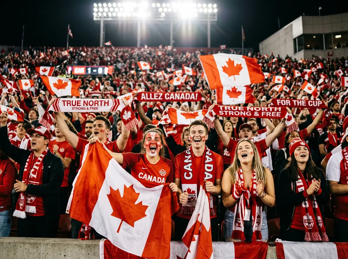 Supporters canadiens en rouge et blanc encourageant leur équipe nationale dans les gradins
